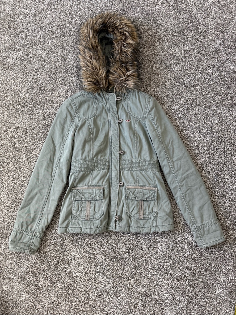 Hollister Green Hooded Jacket with Faux-Fur Lining and Trim